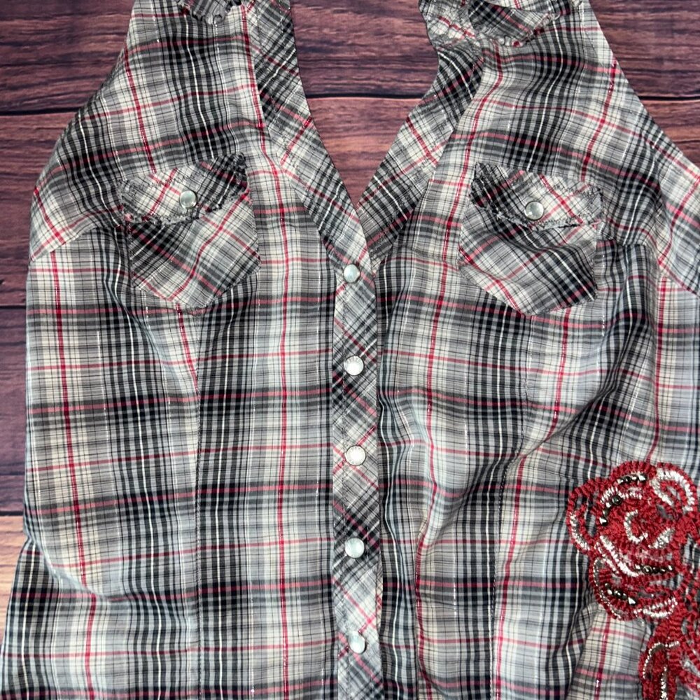 GUESS Plaid Halter Top with Red Rose Embroidered Detail - Size Medium - Picture 3 of 9
